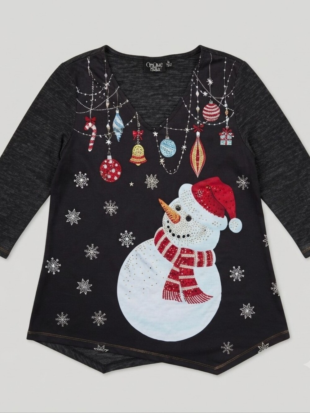 Onque Casual Christmas Sweatshirt Women's Medium Black Rhinestone Snowman Orname